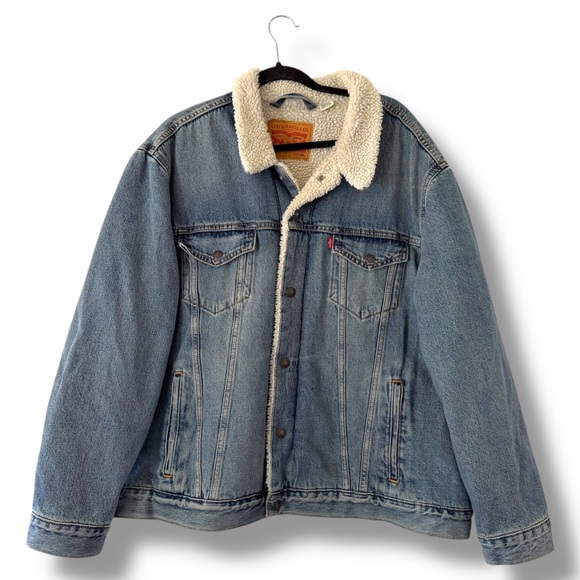 Levi's Blue Medium Wash Denim Sherpa Truck Jacket Type III Fully Lined Size XXL - Picture 2 of 12